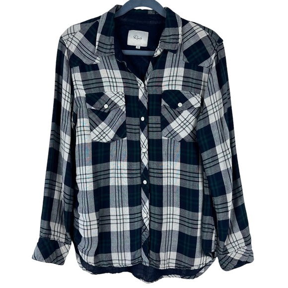 Rails Sz M Women's Kendra White Navy Forest Thick Lined Button Down Shirt - Picture 2 of 14